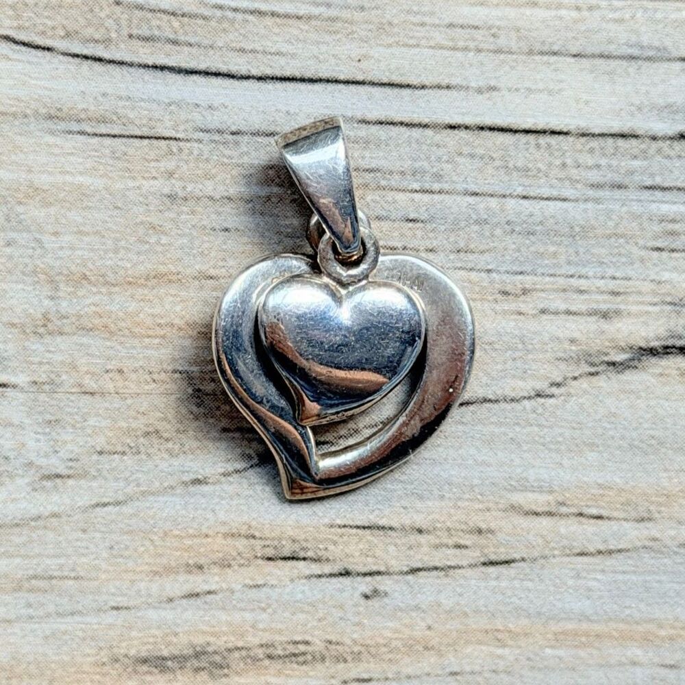 Vintage 925 Sterling Silver Double Heart Pendant 7g Puffy Layered Love Charm